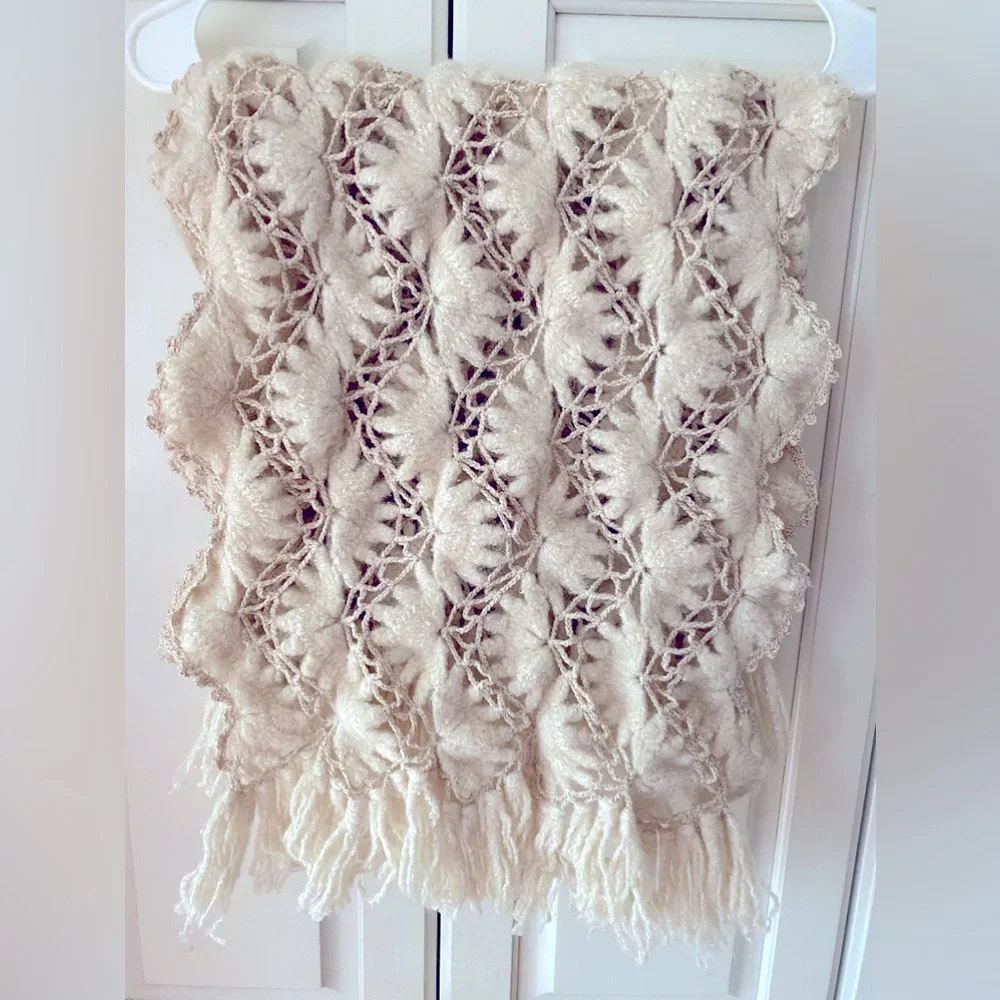 Vintage crochet Beige shawl scarf fringes Golden thread hand knitted oversized